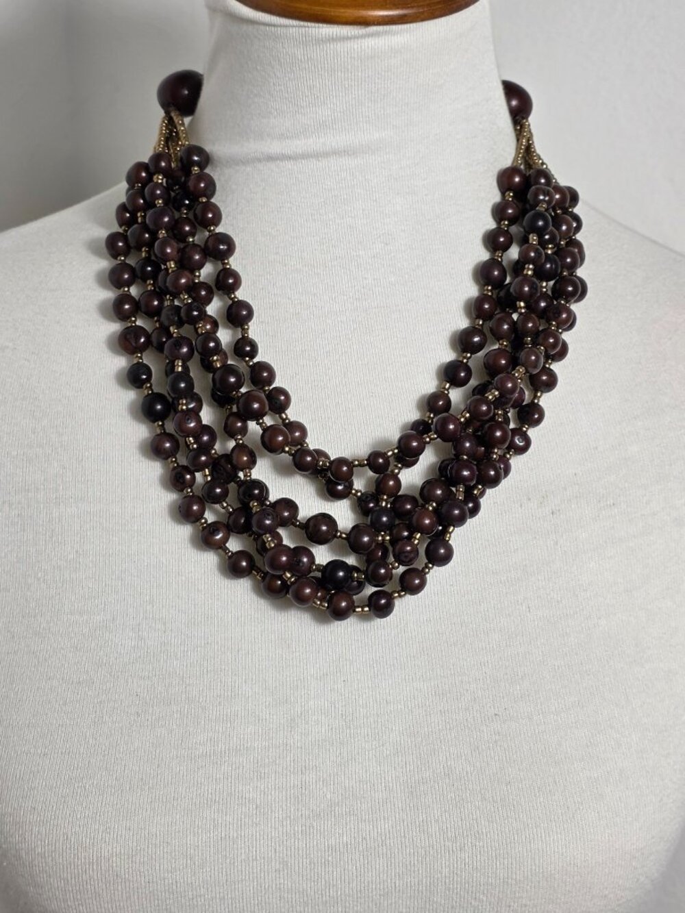 Multi-Strand Brown Acai Seed Bead Necklace with Gold Seed Bead Spacers